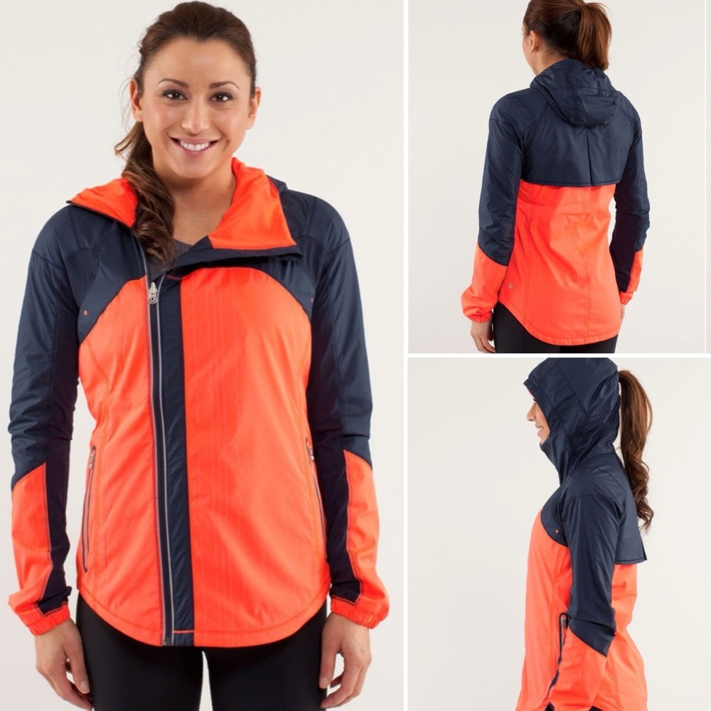 lululemon athletica Women's Two-Tone Navy and Bright Orange Hooded Jacket